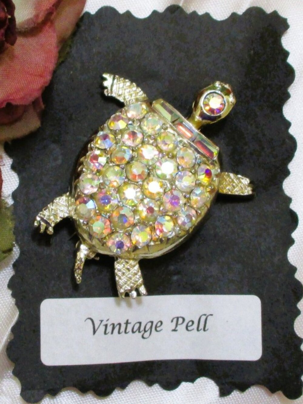 Vintage PELL Turtle Brooch: Aurora Borealis Rhinestone Silver ~ Designer Signed